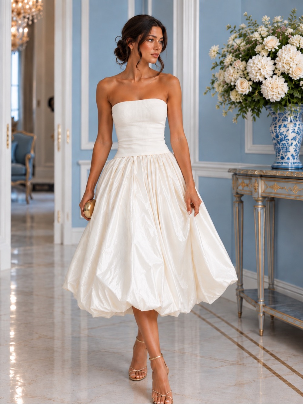 NWT SIMKHAI Izzy Strapless Taffeta Midi Dress in Ivory, size M - Picture 5 of 16